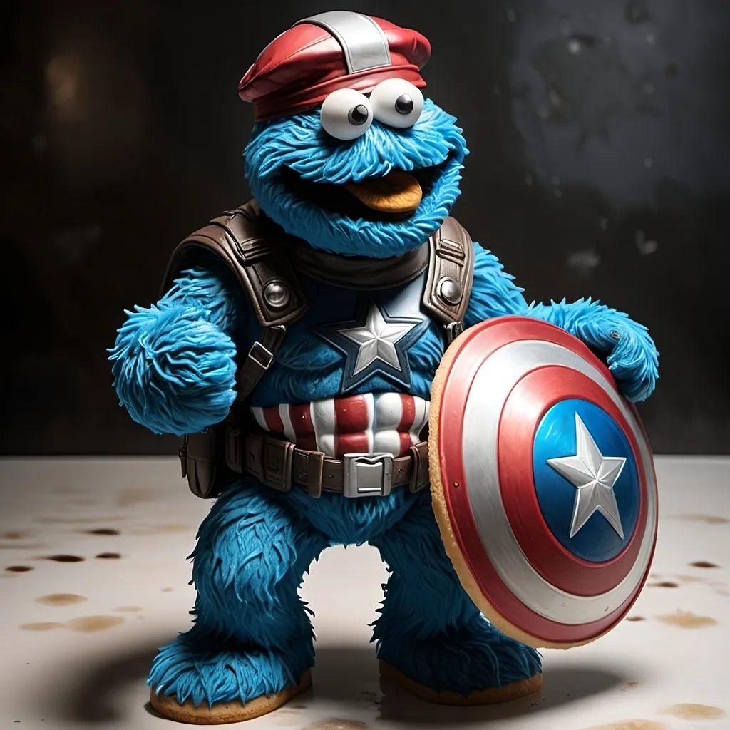 Prompt: Cookie monster as captain America gritty realistic noir with shield and helmet in ice cream shop


