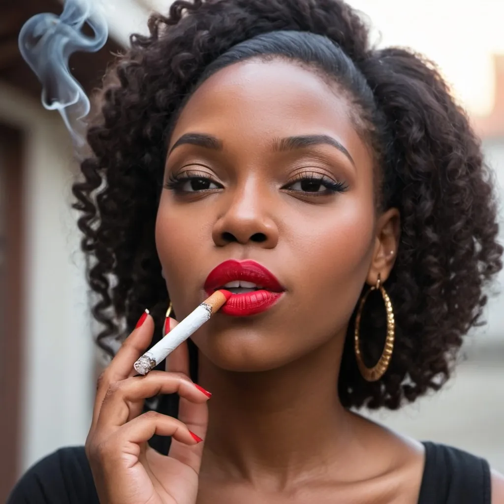 Prompt: Beautiful black woman with red lipstick smoking a cigarette