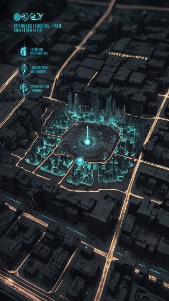 Prompt: RPG map, Cyberpunk RPG map, Fantasy RPG map, futuristic city, cyberpunk city, there is magic portals