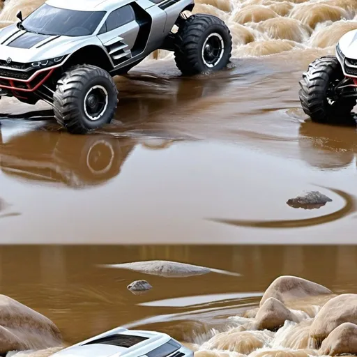 Prompt: Futuristicstic off road race car crossing a river.