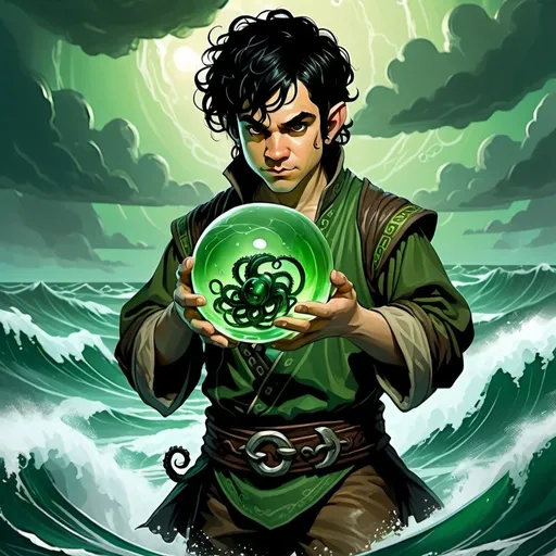 Prompt:  thirty-year-old male halfling with black hair, holding a green glass sphere in a stormy ocean, right foot is replaced with an tentacle, fantasy character art, illustration, dnd, warm tone, 