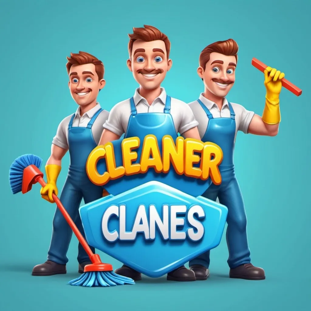 Prompt: 3d cartoon cleaners game logo with male characters
