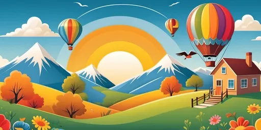 Prompt: Cartoon playful and colorful image with a scenic nature background with a house, trees, sun, hot air balloon, birds, happy parents with newborn baby boy, mountains, and clouds. Leave plenty of blank in the middle for a message.