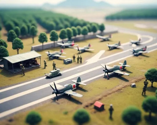 Prompt: aerial view, tilt-shift, isometric miniature world, detailed landscape world render of an airstrip with little Japanese fighter planes on the ground in a world war 2 style