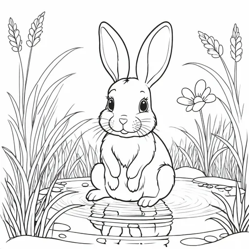 Prompt: Line Drawing, A cute bunny sitting in the grass beside a peaceful pond, simple background