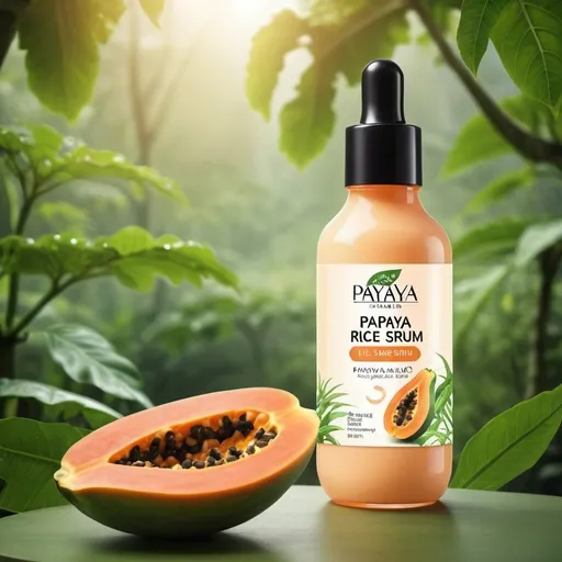 Prompt: product background  design for papaya rice milk serum in outdoor nature

