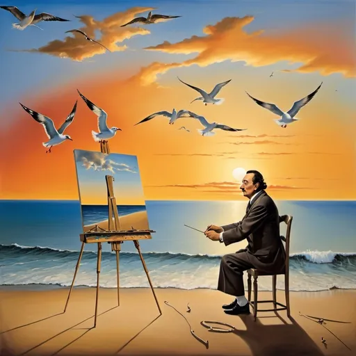 Prompt: Artist Salvador Dali with flat horizon, beach, ocean, sky, seagull, vibrant sunset, musical notes, painting easel