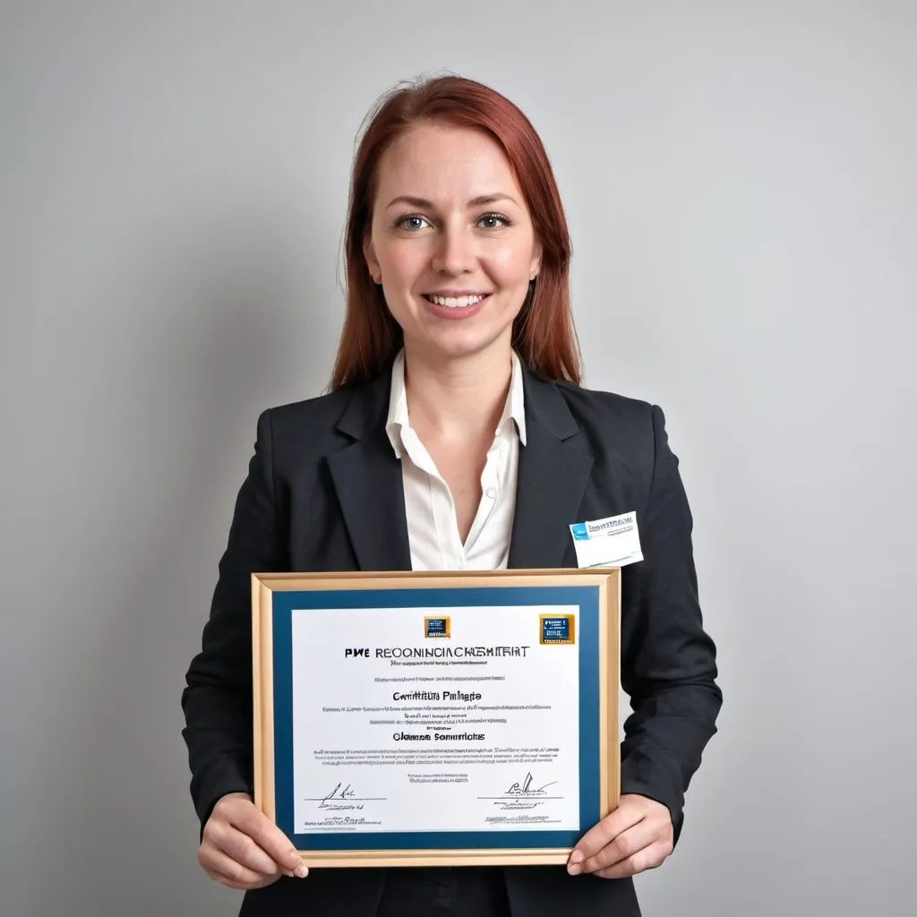 Prompt: A professional proudly holding a PMP certificate, showcasing global recognition and career advancement."