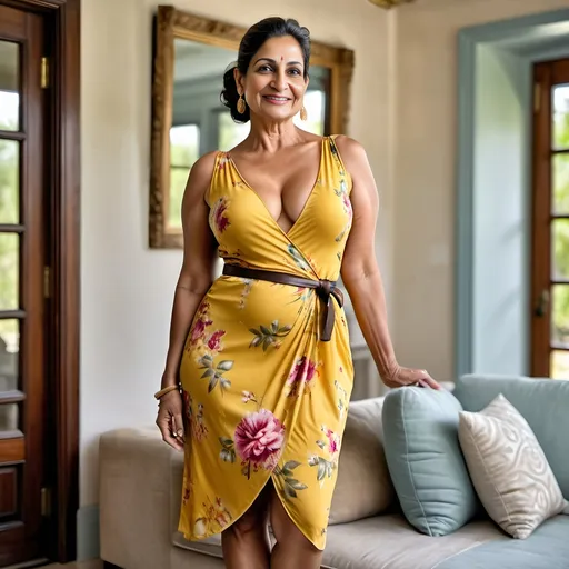 Prompt: (realistic) (full length) a beautiful image of a curvaceous, well endowed,huge sagging chest,large behind, mature indian woman in her 40s, wearing a mini hip length  , figure hugging,very deep v neck, tight yellow floral european summer dress , stylish belt,,(shoulder length hair in a messy bun)hands behind her back,, standing in a luxurious room((facing the viewer, looking at the viewer))((sweet smiling))