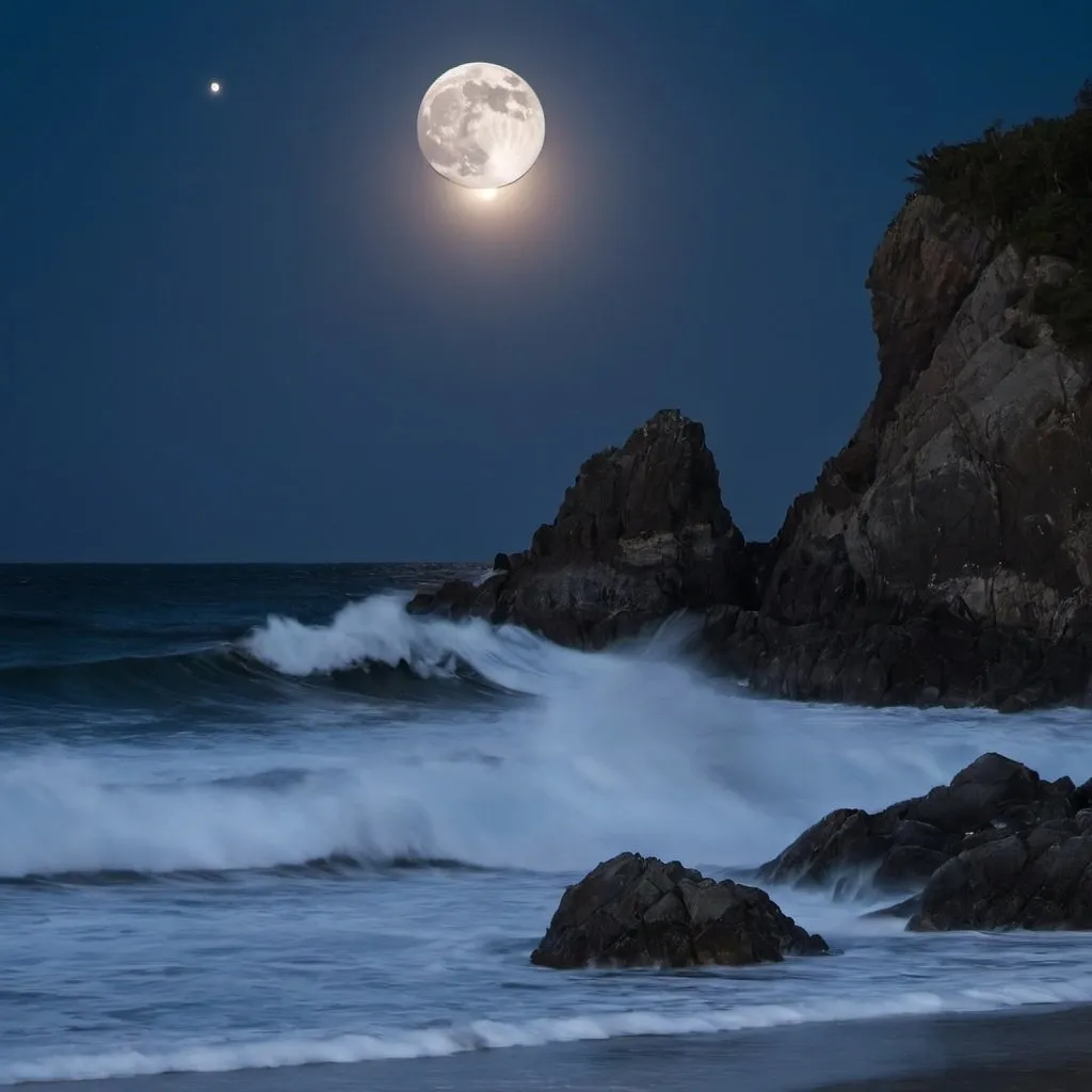 Prompt: waves crashing on the rocks with the moon up ahead at midnight
