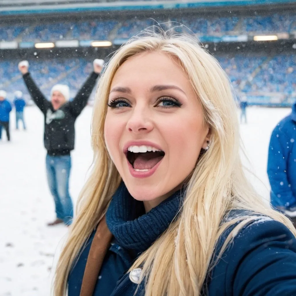 Prompt: a beautiful blonde woman cheering in the snow at a football game
