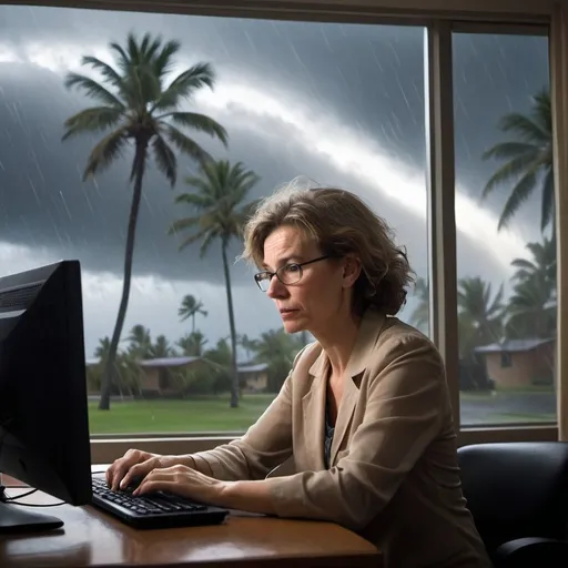 Prompt: Caucasian Woman professor, sitting at a computer as wind swirls around her. Hurricane winds blowing the palm trees can be seen out her window. The skies are dark, the palm trees are bent over and rain is seen.

