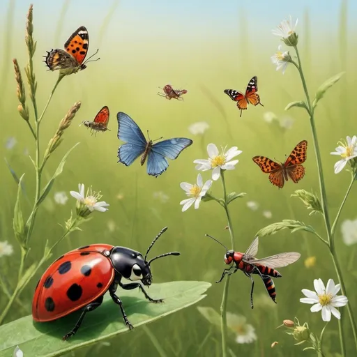 Prompt: a meadow + a gathering of insects, The ladybird with shiny spots + the butterfly + the grasshopper + the ant