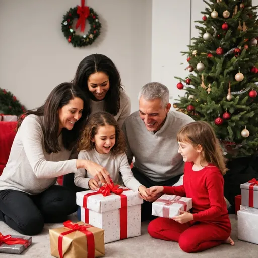 Prompt: a family opening presents at christmas
