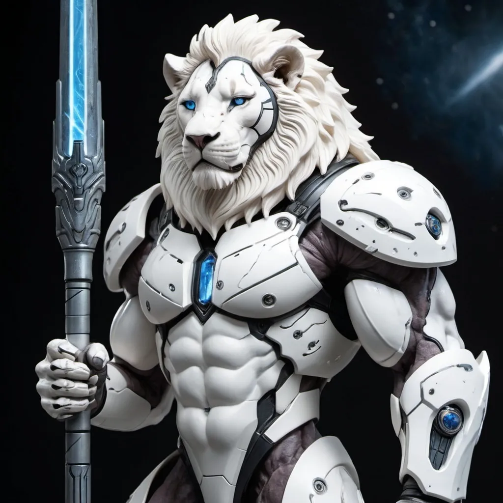 Prompt: Space white lion male with large muscles and multiple scars on face and body, with sci fi mace for weapon 