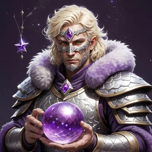 Prompt: A male Druid warrior with blonde hair and a silver mask with a purple gem center, wearing winter  fur shoulders on fish scale silver armor holding a purple orb with stars on the inside