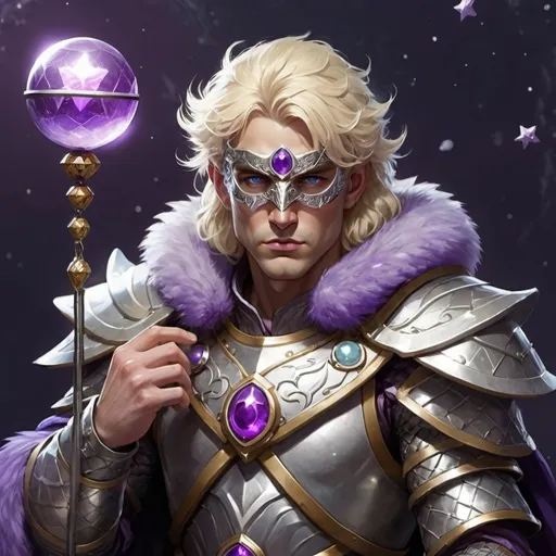 Prompt: A male Druid warrior with blonde hair and a silver mask with a purple gem center, wearing winter  fur shoulders on fish scale silver armor holding a purple orb with stars on the inside