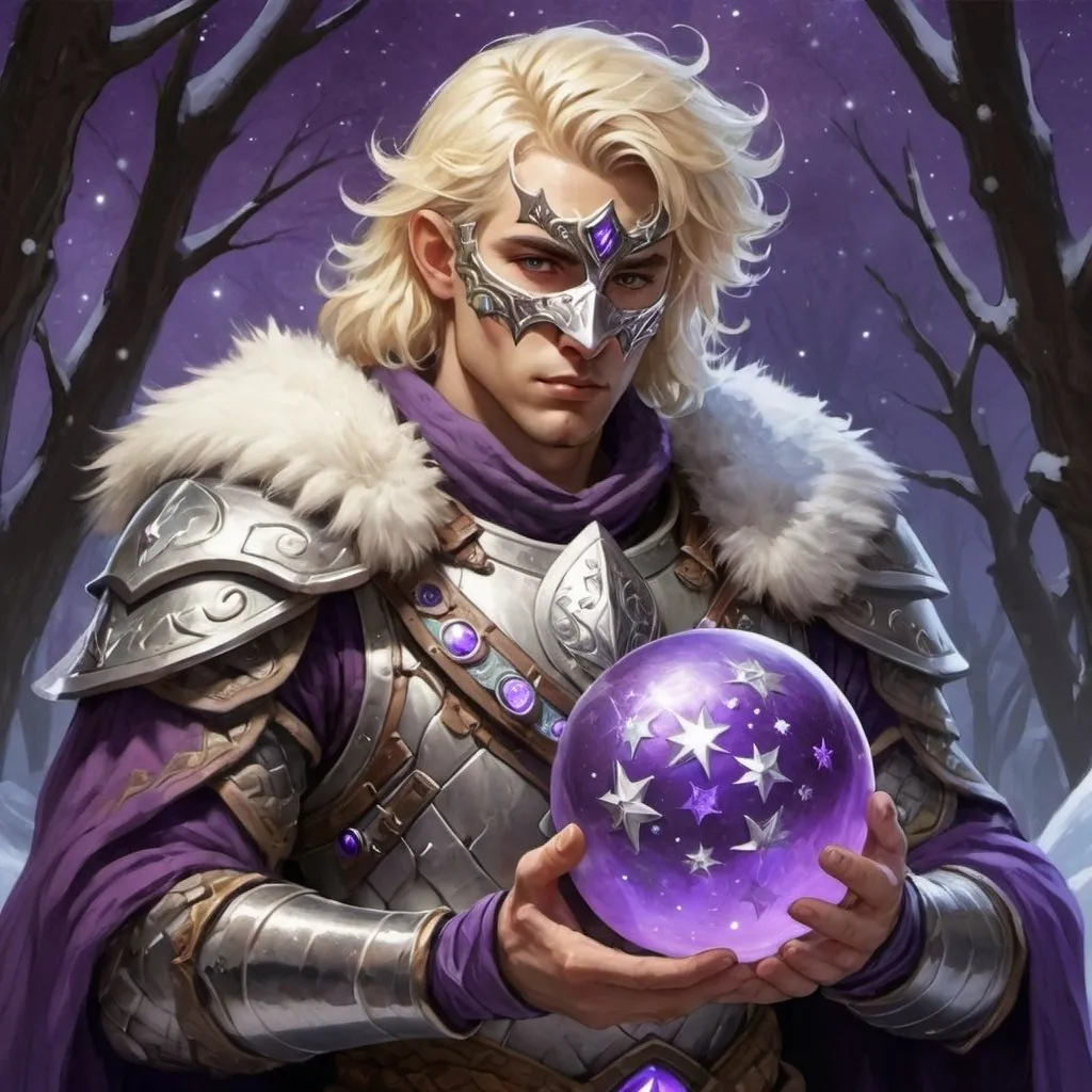 Prompt: A male Druid warrior with blonde hair and a silver mask wearing winter scale armor holding a purple orb with stars on the inside