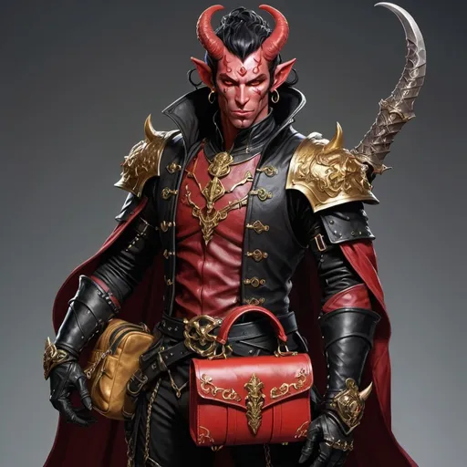 Prompt: DND character style high definition, red male tiefling with black hair, rogue in black leather armor with ornate daggers and a bag of gold