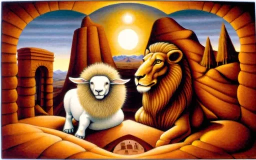 Prompt: Create an image of an optical illusion where you have a majestic lion, but upon further inspection you are able to see that it is also a lamb, the lamb is one with the lion, make the lamb obvious 