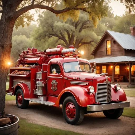 Prompt: Old fire truck parked in warm, glowing atmosphere, oak trees in the background, BBQ grill next to the truck, vintage, rustic, nostalgic, high quality, warm tones, detailed, cozy lighting, classic Americana, family home