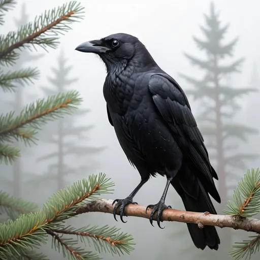 Prompt: American black crow looking to left of camera perched on a spruce branch in the mist in the style of Georgia O’Keeffe paintings, the crow is non realist style