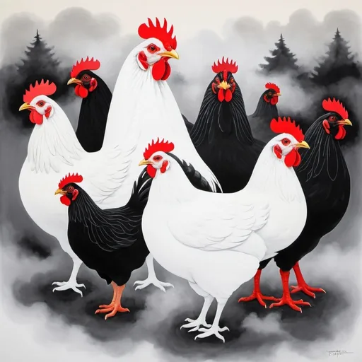 Prompt: A white hen, grey hen, black and white hen and red and black hen Chickens in the mist in the style of Georgia O’Keeffe paintings 