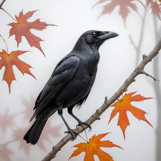 Prompt: American black crow looking to left of camera perched on a maple branch in the mist in the style of Georgia O’Keeffe paintings 