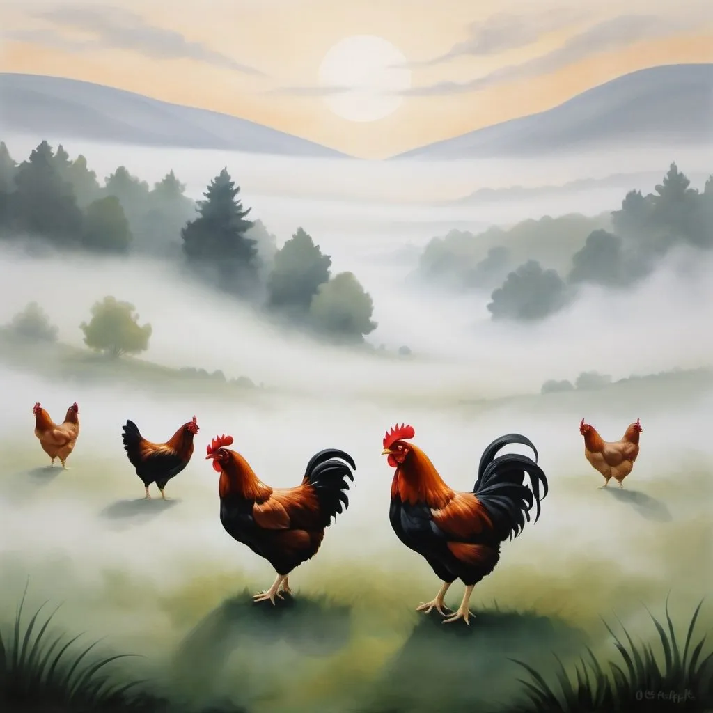 Prompt: Chickens in the mist in the style of Georgia O’Keeffe paintings 