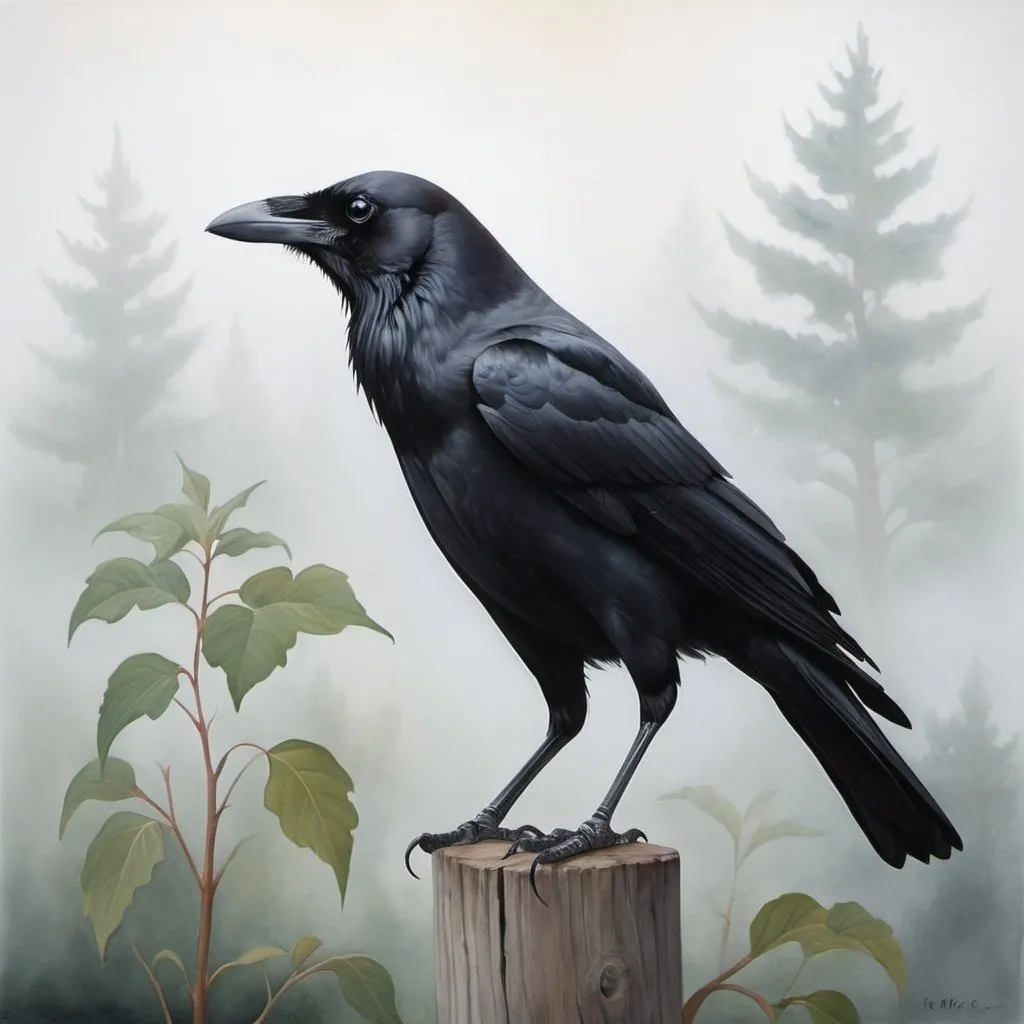 Prompt: American black crow in the mist in the style of Georgia O’Keeffe paintings 