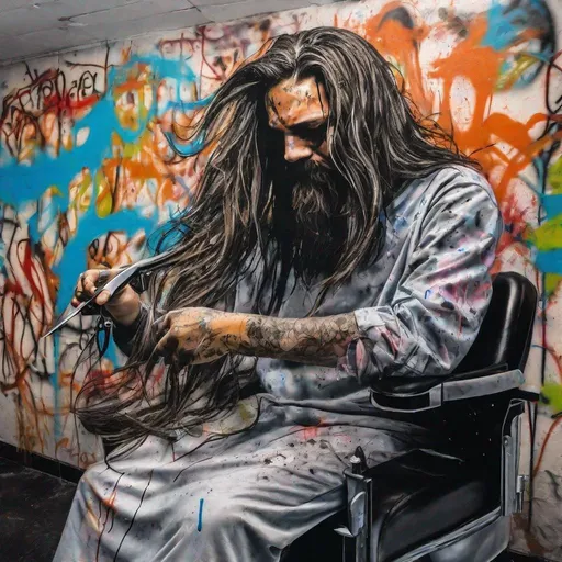Prompt: Graffiti, splatter painting of a person with long flowing hair, getting a hair cut, sitting in a barber chair. include hair cutting shears and hair trimming clippers.