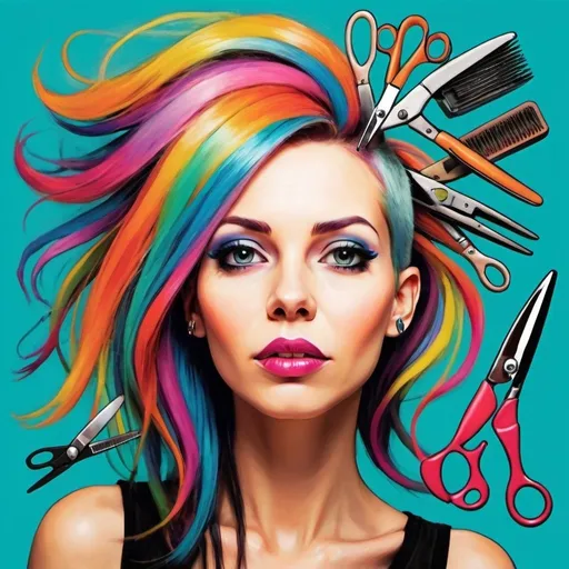 Prompt: a woman with long relaxed whispy hair with barber utensils, hair clippers, hair cutting shears, or other cosmetologist tools.  very colorful, whimsicle, expressionistic, punk style