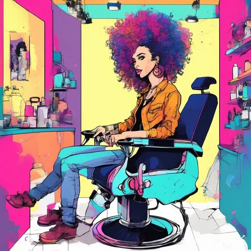 Prompt: vibrant inkpunk style photo of a person with punk style curly hair sitting at a barber chair. include hair cutting shears or hair cutting clippers in the background. make colorful. include the colors of navy blue, and other vibrant colors
