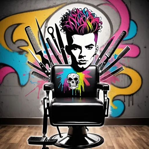 Prompt: barber pole, person, punk graffiti style, with hair cutting shears and hair clippers. barber chair, colorful, curly hair, cosmetologist, hair salon