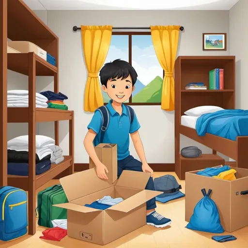 Prompt: Clipart of an asian primary school student packing for a camp in his room . 