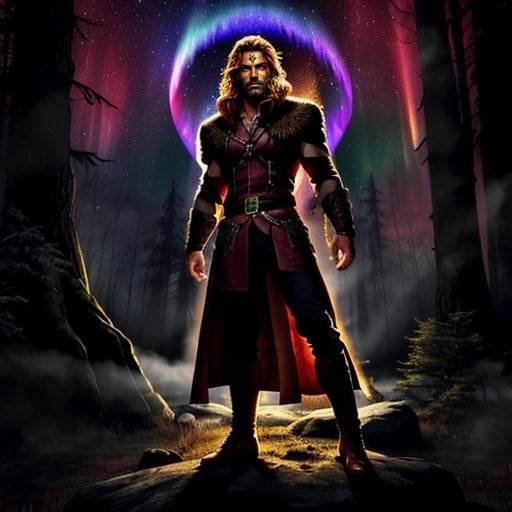 Prompt: Strong beautiful fae male in a mystical forest setting under a red aurora australis. Villain, powerful, strong, Magical, mythical, detailed. Black Medieval clothes, brown hair, scar, glowing golden eyes, atmospheric lighting, full body