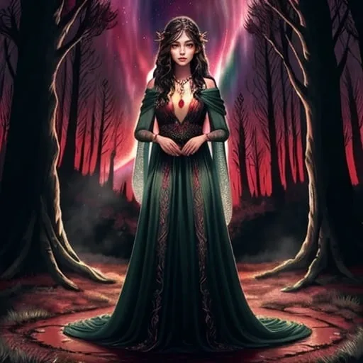 Prompt: Strong beautiful female in a mystical forest setting under a red aurora australis. Magical, beautiful, mythical, fae-like, detailed. Medieval flowing floor length gown, waist-length black flowy hair, freckles, rosy cheeks, big hazel eyes, atmospheric lighting, full body, elvish necklace. red sky, 
