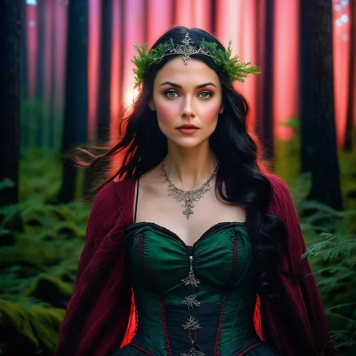 Prompt: Strong beautiful female in a mystical forest setting under a red aurora australis. Young, Magical, beautiful, mythical, fae-like, detailed. Medieval corset, flowing green gown, waist-length black flowy hair, freckles, rosy cheeks, big hazel eyes, atmospheric lighting, full body, elvish necklace, headpiece.