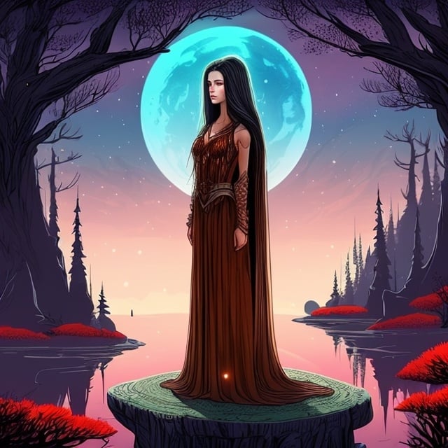 Prompt: Strong beautiful female in a mystical forest setting under a red aurora australis. Magical, beautiful, mythical, fae-like, detailed. Medieval flowing floor length gown, waist-length black flowy hair, black hair, freckles, rosy cheeks, big hazel eyes, atmospheric lighting, full body, elvish necklace, headpiece.