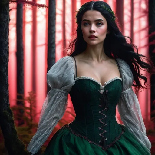 Prompt: Strong beautiful female in a mystical forest setting under a red aurora australis. Magical, beautiful, mythical, fae-like, detailed. Flowery Medieval corset with white undershirt, flowing green gown, long black flowy hair, detailed freckles on face, rosy cheeks, hazel eyes, atmospheric lighting.