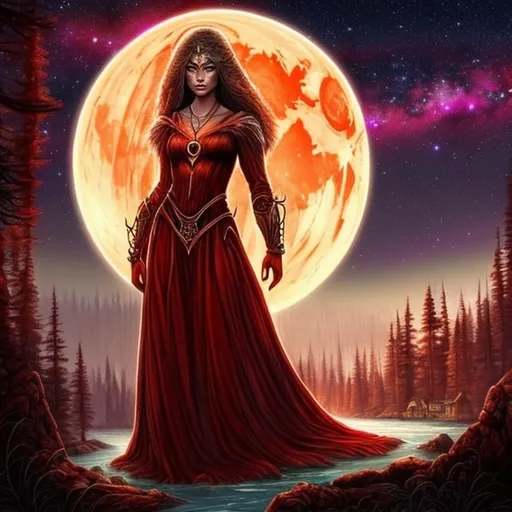 Prompt: Strong beautiful female in a mystical forest setting under a red aurora australis. Magical, beautiful, mythical, fae-like, detailed. Medieval flowing floor length gown, waist-length black flowy hair, freckles, rosy cheeks, big hazel eyes, atmospheric lighting, full body, elvish necklace, headpiece.