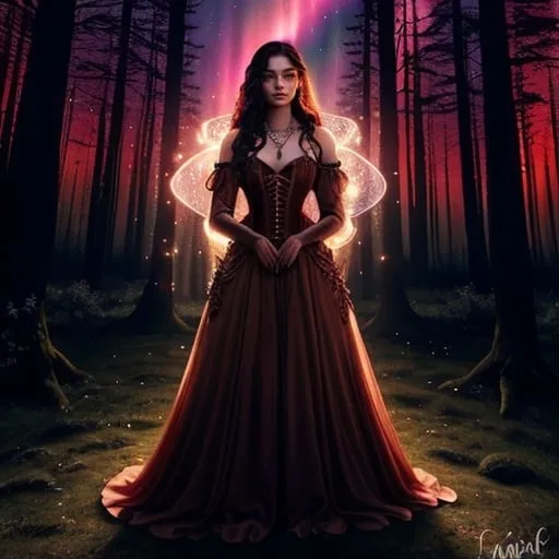 Prompt: Strong beautiful female in a mystical forest setting under a red aurora australis. Magical, beautiful, mythical, fae-like, detailed. Medieval corset flowing floor length gown, waist-length black flowy hair, freckles, rosy cheeks, big hazel eyes, atmospheric lighting, full body, elvish necklace, 