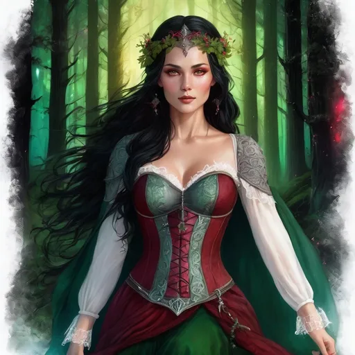 Prompt: Strong beautiful female in a mystical forest setting under a red aurora australis. Magical, beautiful, mythical, fae-like, detailed. Flowery Medieval corset with white undershirt, flowing green gown, waist-length black flowy hair, freckles, rosy cheeks, big hazel eyes, atmospheric lighting, full body, elvish necklace, headpiece.