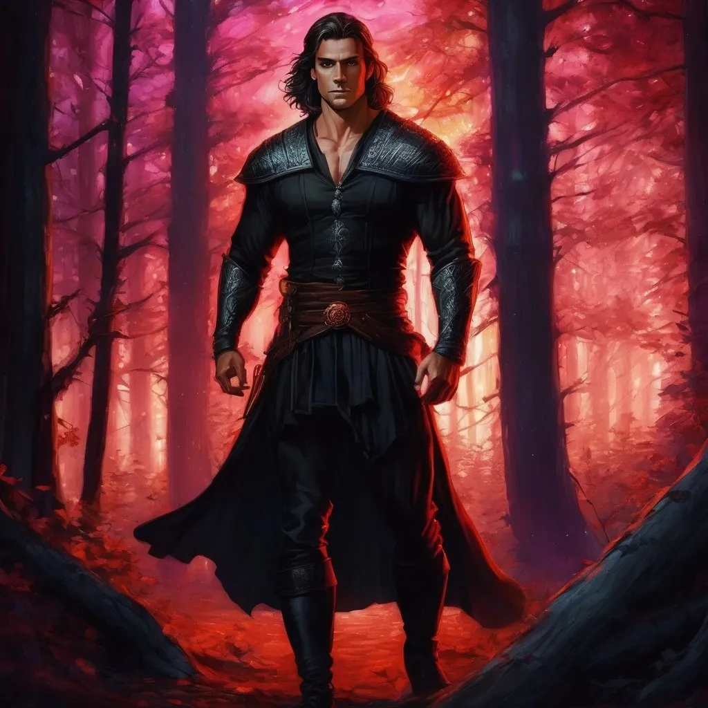 Prompt: Strong beautiful fae male in a mystical forest setting under a red aurora australis. Villain, powerful, strong, Magical, muscular, mythical, detailed. Black Medieval clothes, brown hair, scar, glowing golden eyes, atmospheric lighting, full body