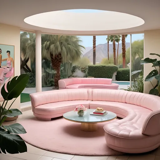 Prompt: Create a realistic photograph of a palm springs styled lounge room in a soft cream and pink palette. Look through the style lens of Robert Doisneau and Slim Aarons. There is a sunken lounge with curved steps down to a curved couch. There are large monstera plants and palms in the room. Filtered dappled light comes through large windows which overlooks the Hollywood hills. There is a tretchikoff painting on a white wall. A classic corvette stingray is parked outside in the driveway.