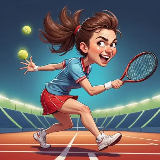 Prompt: Hilarious illustration of a tomboy woman with brown hair, playing tennis on a world tour, indulging in red velvet cake, comedic twist, vibrant and playful, high quality, cartoon, comedic, energetic vibe, brown hair in a messy bun, tennis outfit, tennis racket, world landmarks, humor, fun, lively, energetic, vibrant colors, dynamic lighting