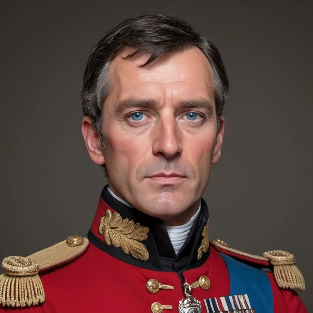 Prompt: In the center stands a strikingly handsome distinguished 50-year-old man exuding confidence, with short dark hair and piercing blue eyes, clad in a replica 1812 British officer’s scarlet red uniform. The image, possibly a painting, captures his tall and well-proportioned figure in exquisite detail. Every contour of his chiseled features is highlighted by the impeccable lighting, bringing out the movie star-like aura that surrounds him. This high-quality portrayal radiates elegance and sophistication, making it a truly captivating rendition. 4K photorealism