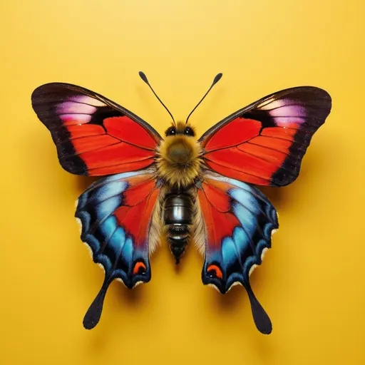 Prompt: Create a dramatic and striking visual of a colourful butterfly on a bright yellow background. Keep the image of the bumble bee as though it is sitting on a flat surface and the shot has been taken from a top angle. Make the bumblebee colourful with a lot of reds and blues with its wings spread out and the picture having been taken from the top
