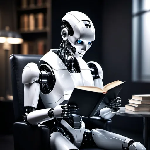 Prompt: AI robot sitting on a chair reading a book titled Quantum Physics, this title should be clearly visible on the book cover, photo-realistic, high resolution, dark blurred background, white face, dark eyes, contrast, detailed metallic texture, professional lighting, futuristic design, sci-fi, high-quality, professional, photo-realistic, detailed eyes, metallic sheen, sitting pose, blurred background. No single pages should be showing in the book. Make image less menacing and more hopeful looking, knowing that they will provide good in the world alongside humans