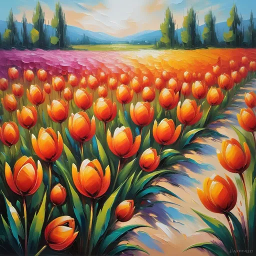 Prompt: Field of vibrant tulips, oil painting, soft brush strokes, high quality, impressionism, spring colors, natural lighting, colorful blooms, peaceful atmosphere